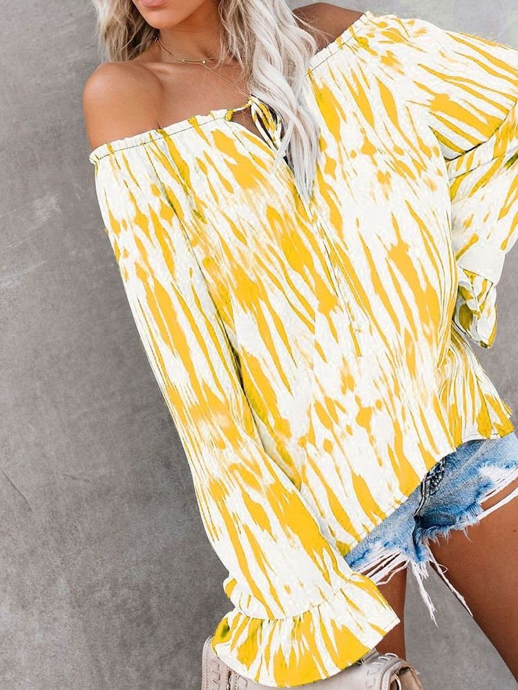 Off Shoulder Flare Sleeve Color Block Blus