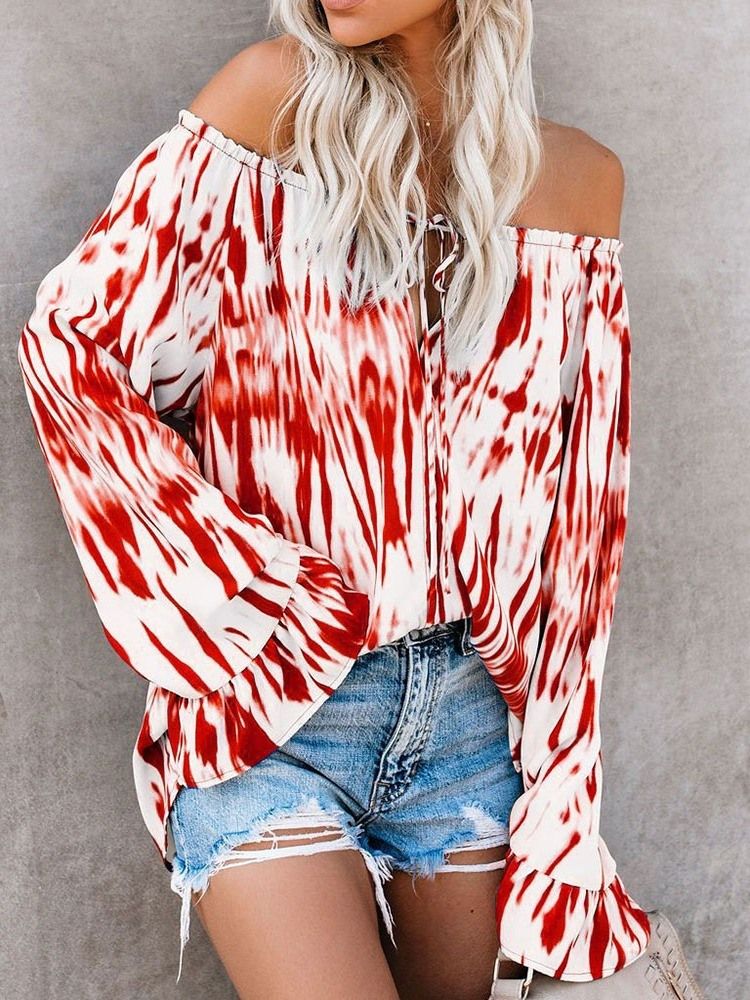 Off Shoulder Flare Sleeve Color Block Blus