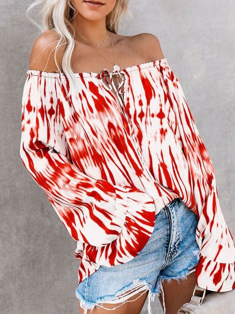 Off Shoulder Flare Sleeve Color Block Blus
