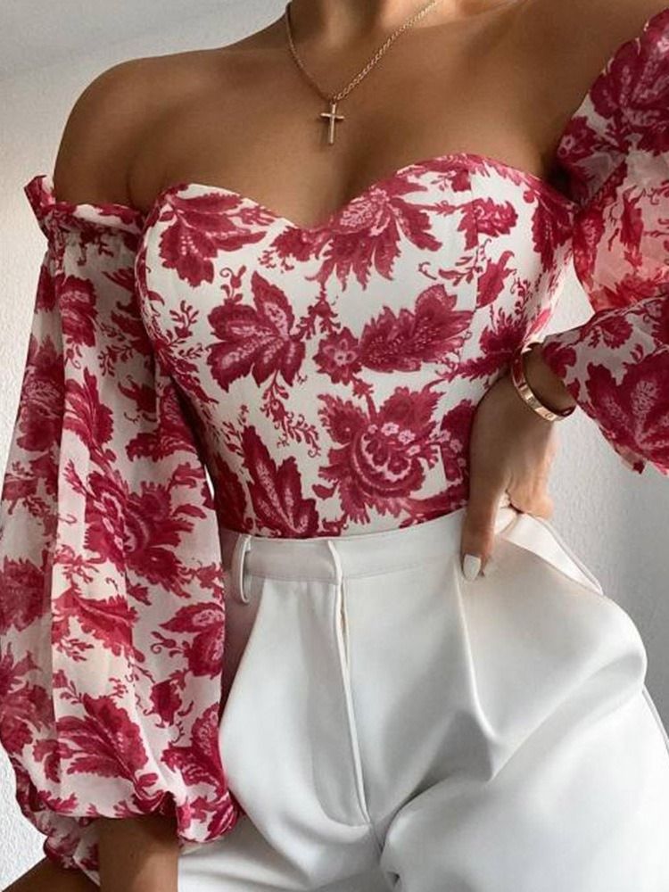 Off Shoulder Lantern Sleeve Blommig Långärmad Kort Blus För Kvinnor