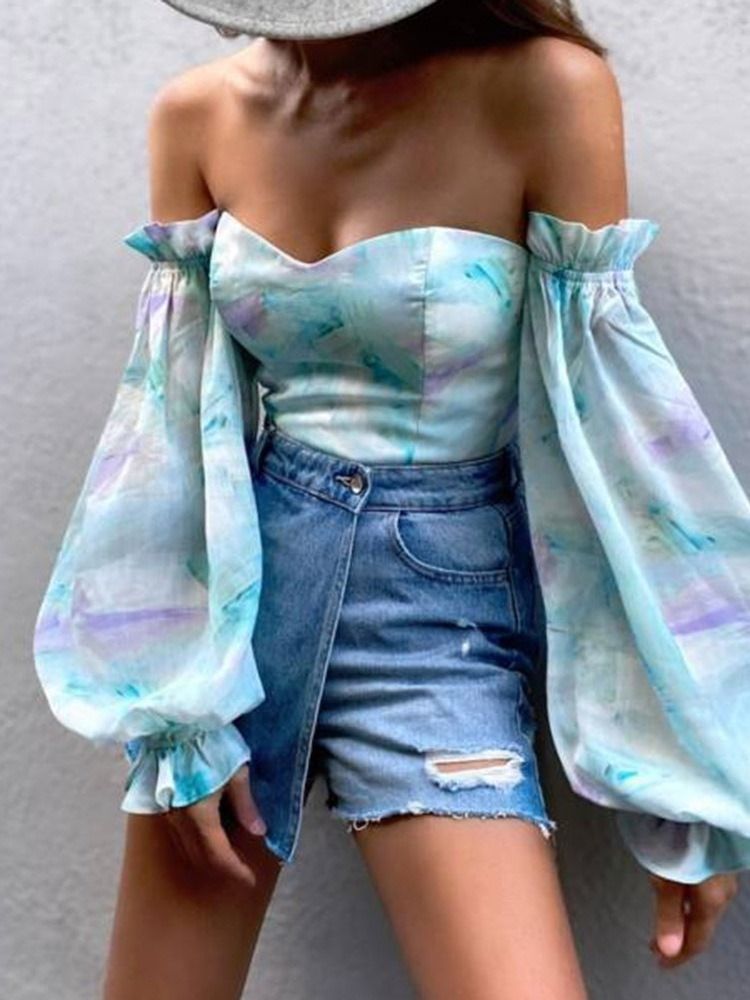 Off Shoulder Lantern Sleeve Blommig Långärmad Kort Blus För Kvinnor