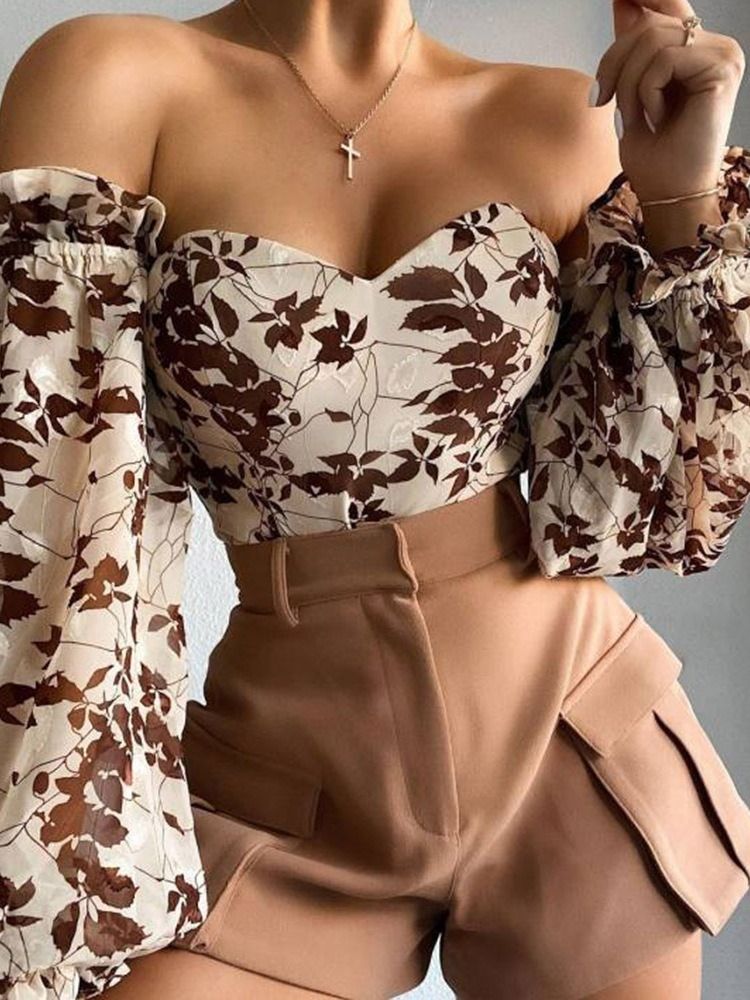 Off Shoulder Lantern Sleeve Blommig Långärmad Kort Blus För Kvinnor