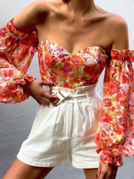 Off Shoulder Lantern Sleeve Blommig Långärmad Kort Blus För Kvinnor