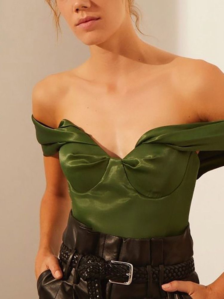 Off Shoulder Patchwork Vanlig Standard Kortärmad Damblus