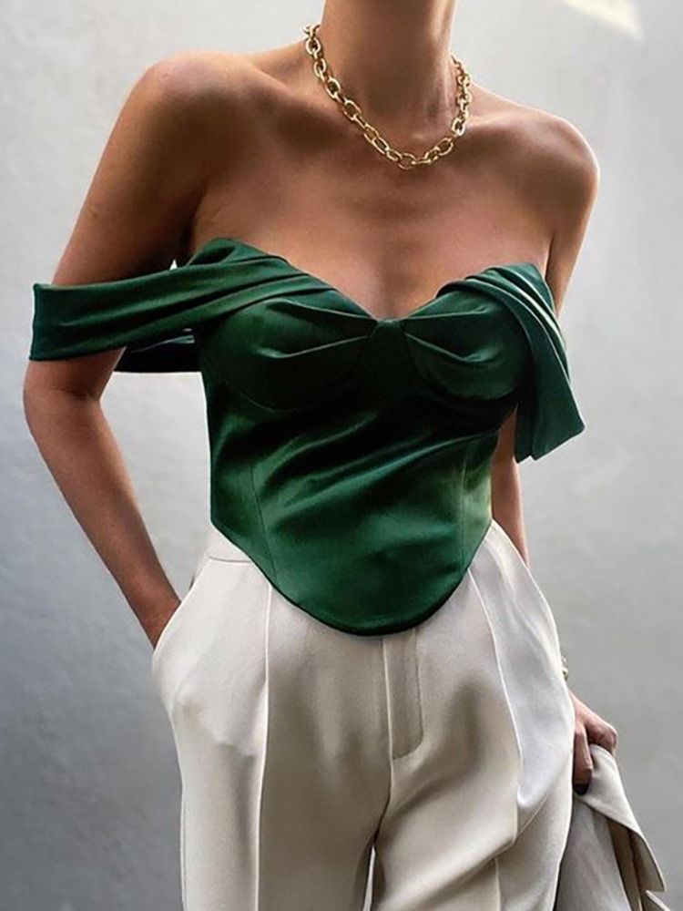 Off Shoulder Patchwork Vanlig Standard Kortärmad Damblus