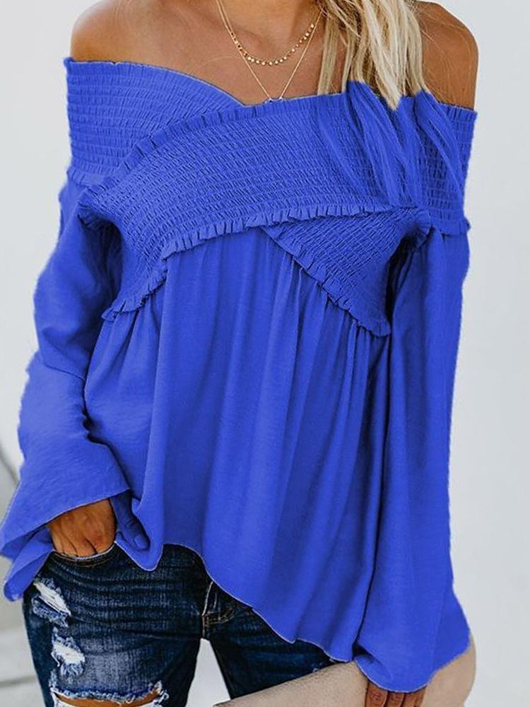 Off Shoulder Plain Flare Sleeve Långärmad Standardblus För Kvinnor
