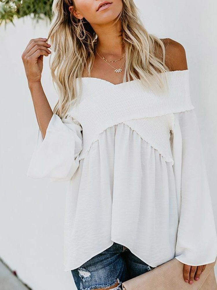 Off Shoulder Plain Flare Sleeve Långärmad Standardblus För Kvinnor