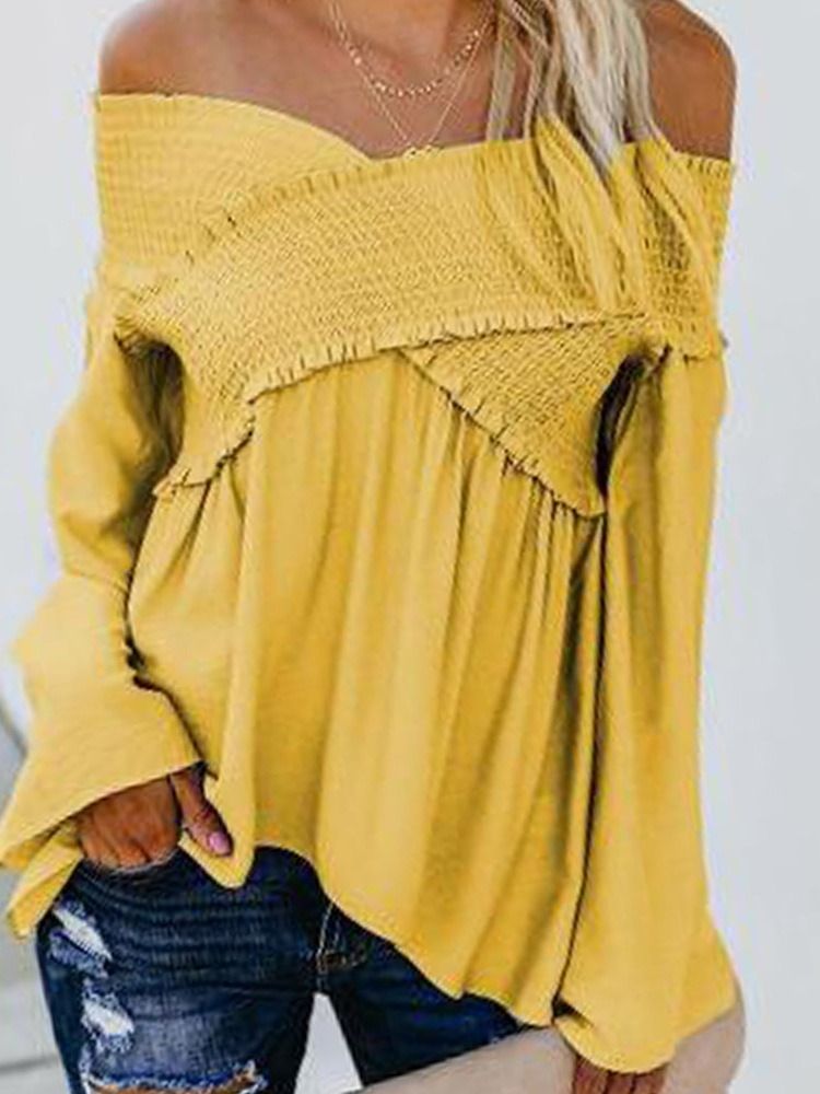 Off Shoulder Plain Flare Sleeve Långärmad Standardblus För Kvinnor