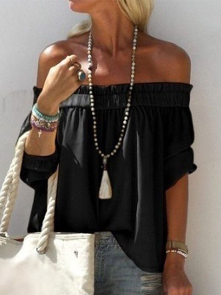 Off Shoulder Plain Plisserad Blus