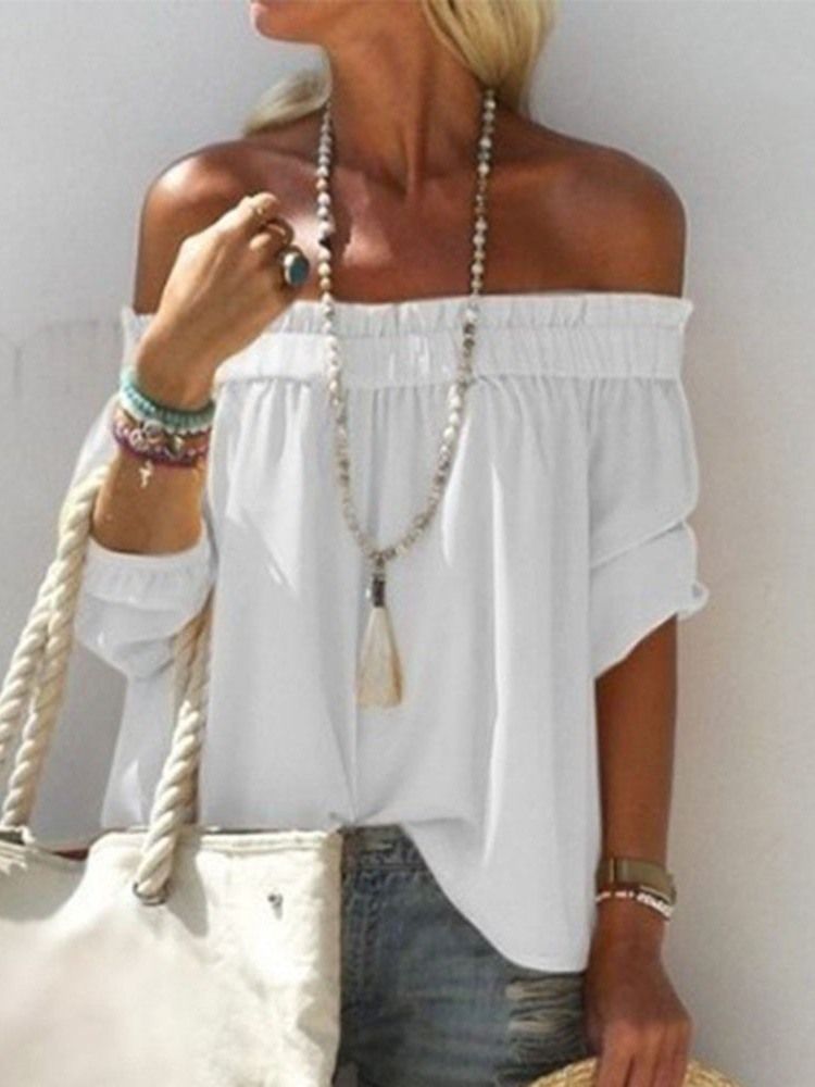 Off Shoulder Plain Plisserad Blus