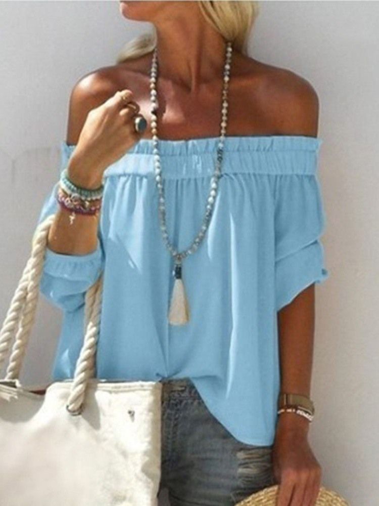 Off Shoulder Plain Plisserad Blus