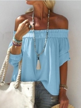 Off Shoulder Plain Plisserad Blus