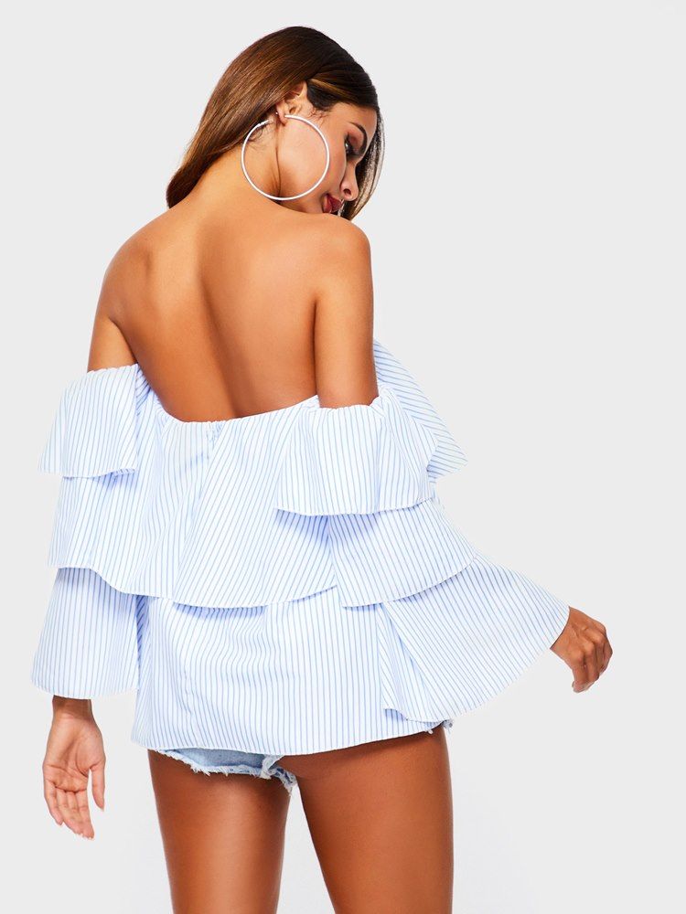 Off Shoulder Stripe Falbala Standard Blus