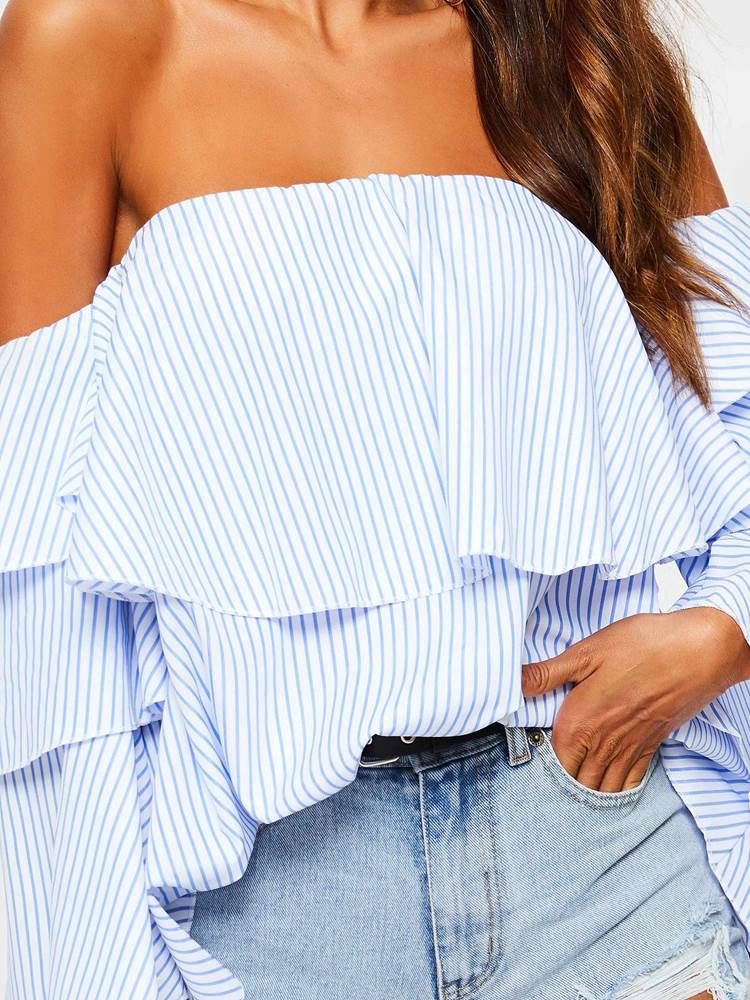 Off Shoulder Stripe Falbala Standard Blus