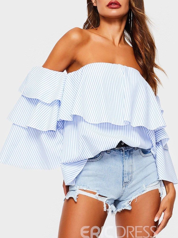 Off Shoulder Stripe Falbala Standard Blus