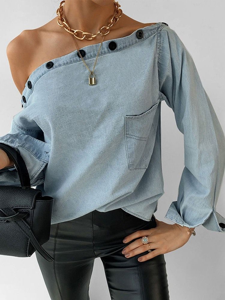 Off Shoulder Vanlig Asymmetrisk Långärmad Standardblus För Kvinnor