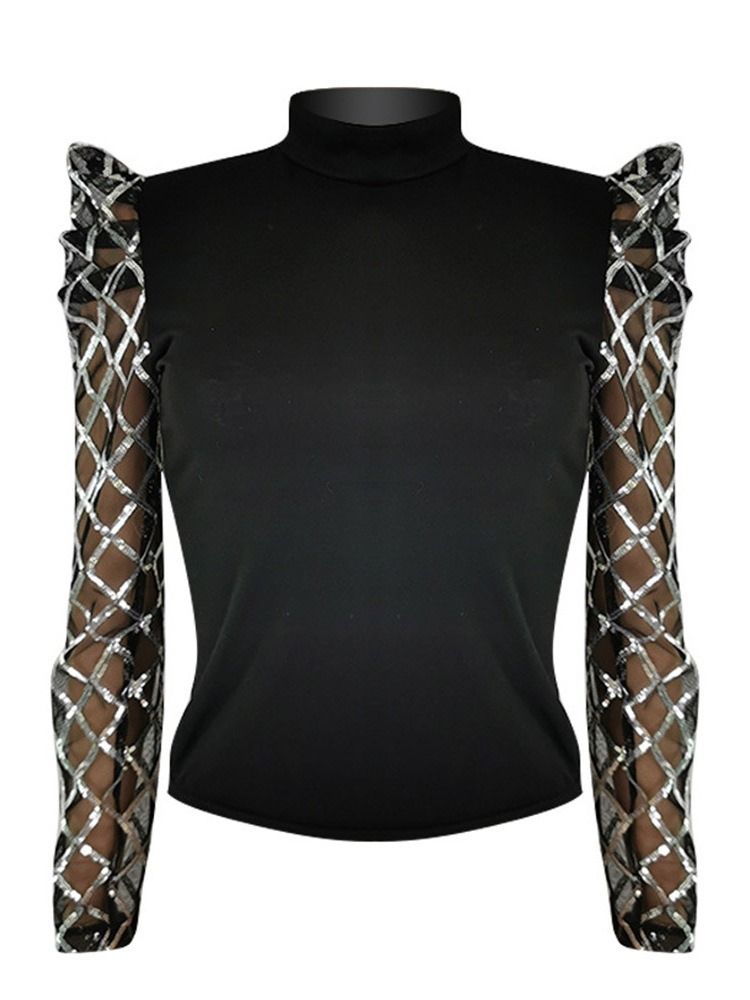 Paljetter Turtleneck Puff Sleeve Långärmad Standard Blus