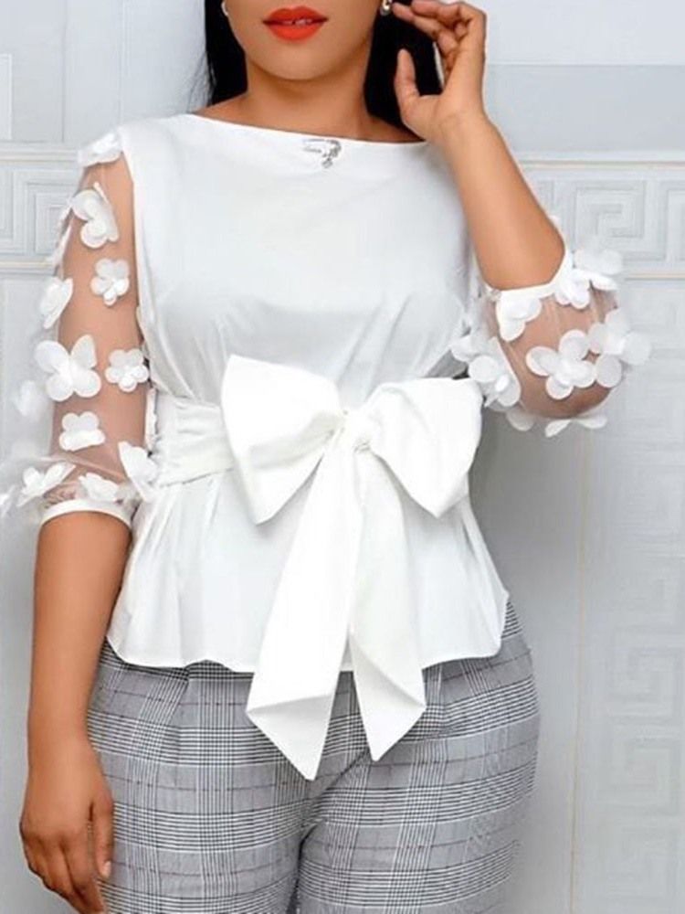 Patchwork Blommig Rund Halsad Standard Trekvartsärm Blus