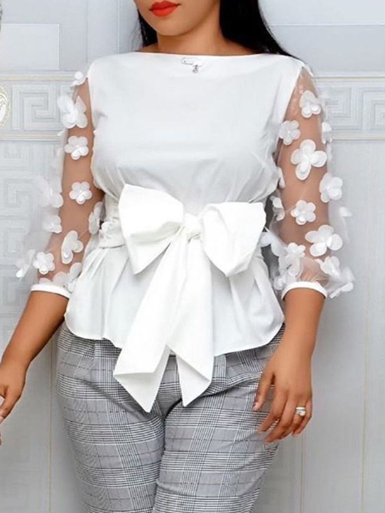 Patchwork Blommig Rund Halsad Standard Trekvartsärm Blus