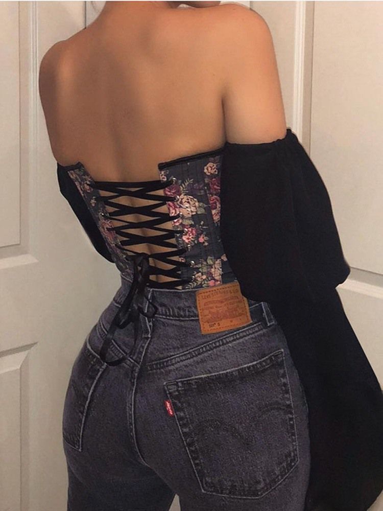 Patchwork Off Shoulder Blommig Långärmad Standardblus För Kvinnor