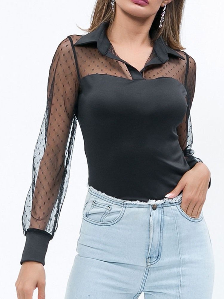 Patchwork Polka Dots Lapel Se-Through Fashion Blus
