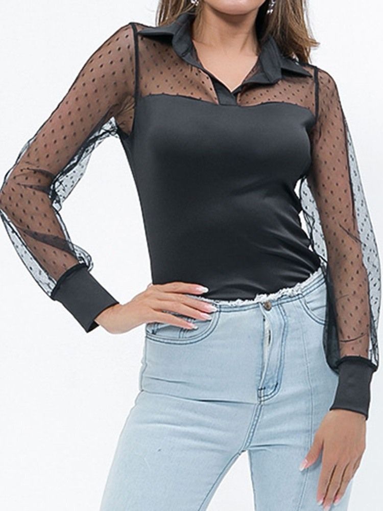 Patchwork Polka Dots Lapel Se-Through Fashion Blus
