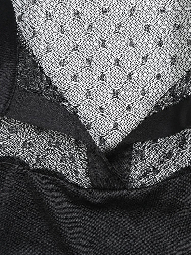 Patchwork Polka Dots Lapel Se-Through Fashion Blus