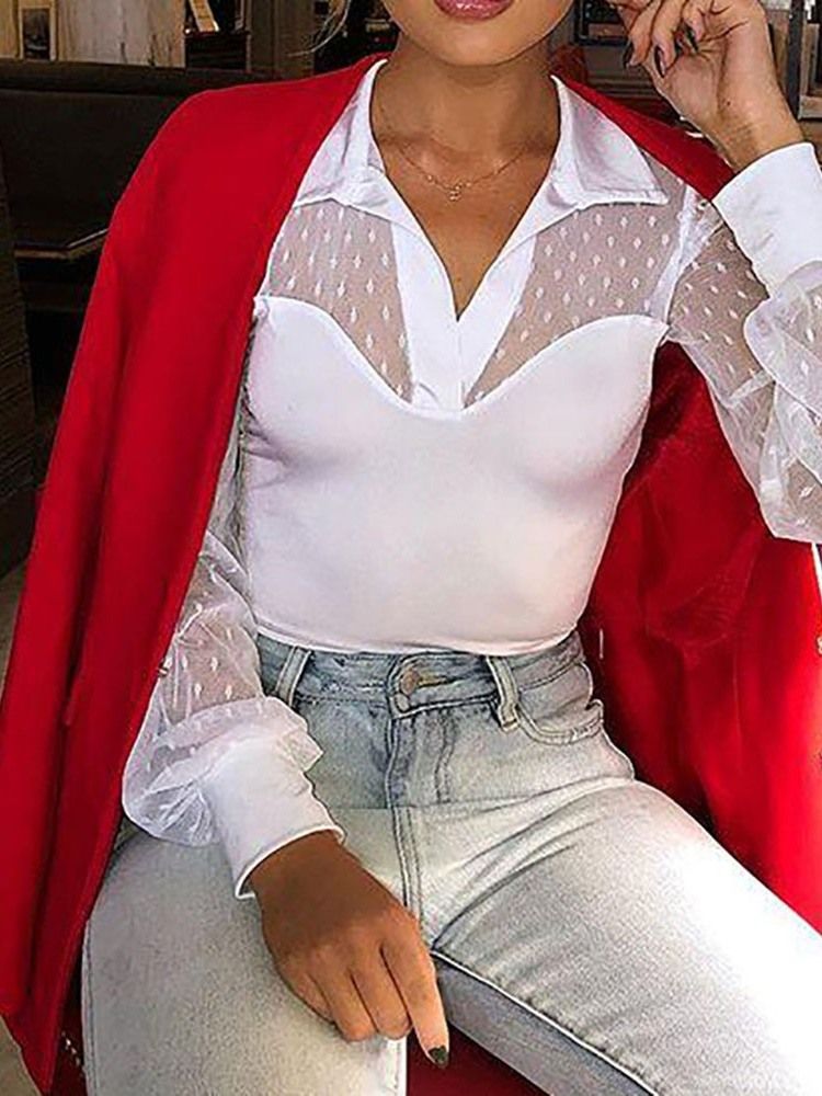 Patchwork Polka Dots Lapel Se-Through Fashion Blus