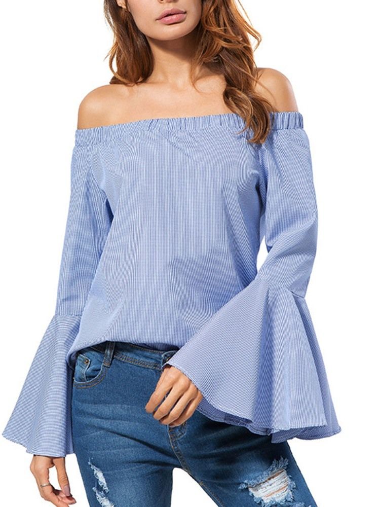 Patchwork Stripe Flare Sleeve Standard Långärmad Blus