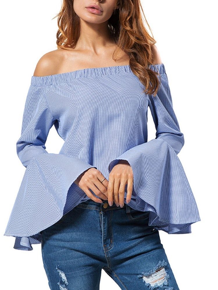Patchwork Stripe Flare Sleeve Standard Långärmad Blus