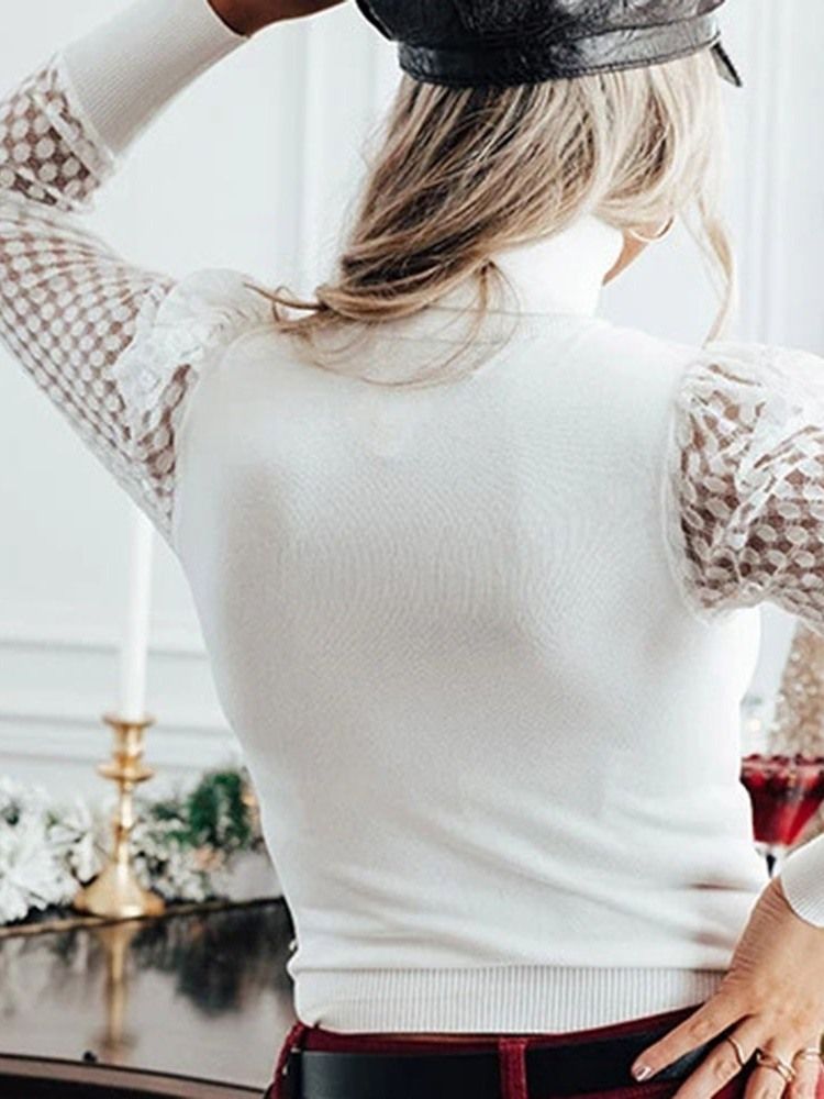 Patchwork Turtleneck Vanlig Standard Långärmad Damblus