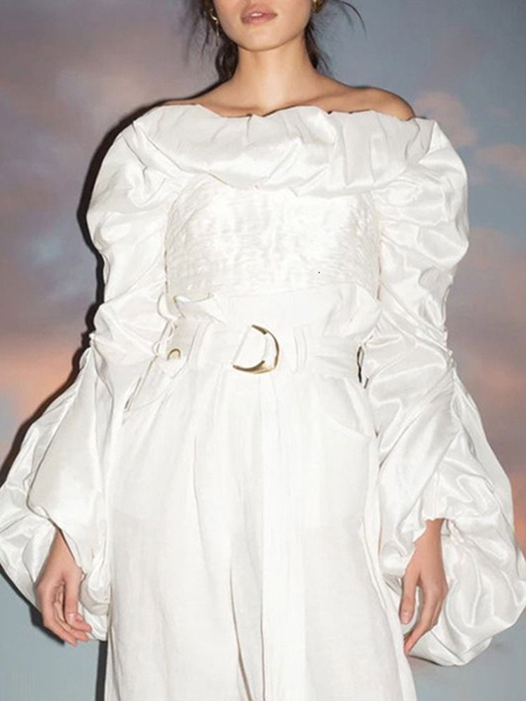 Plain Off Shoulder Plisserad Kort Långärmad Blus