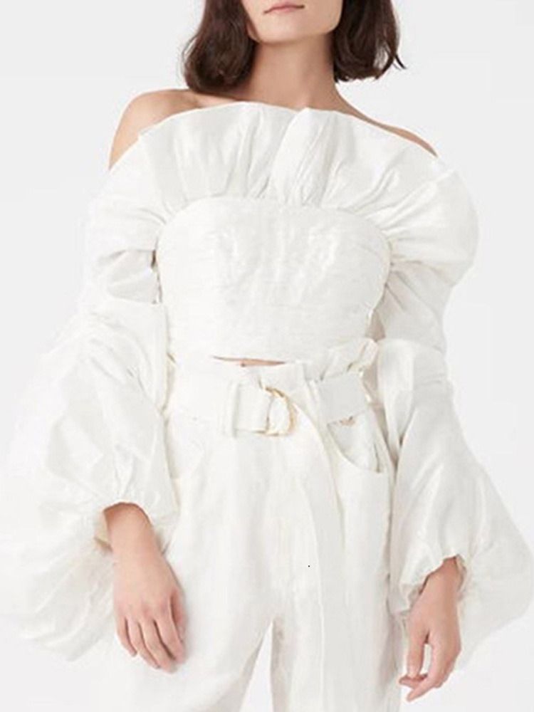 Plain Off Shoulder Plisserad Kort Långärmad Blus