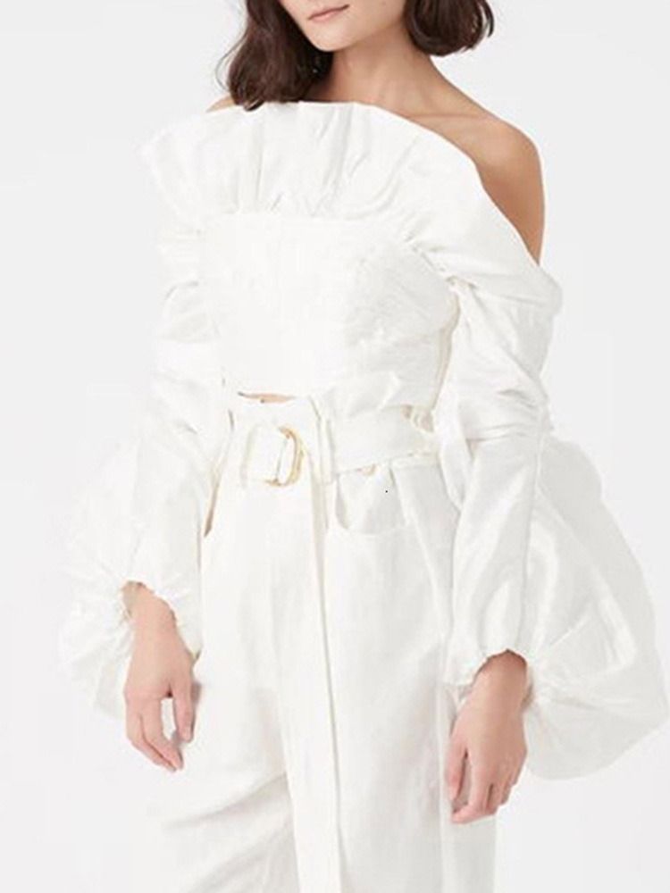 Plain Off Shoulder Plisserad Kort Långärmad Blus