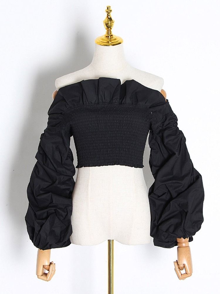 Plain Off Shoulder Plisserad Kort Långärmad Blus