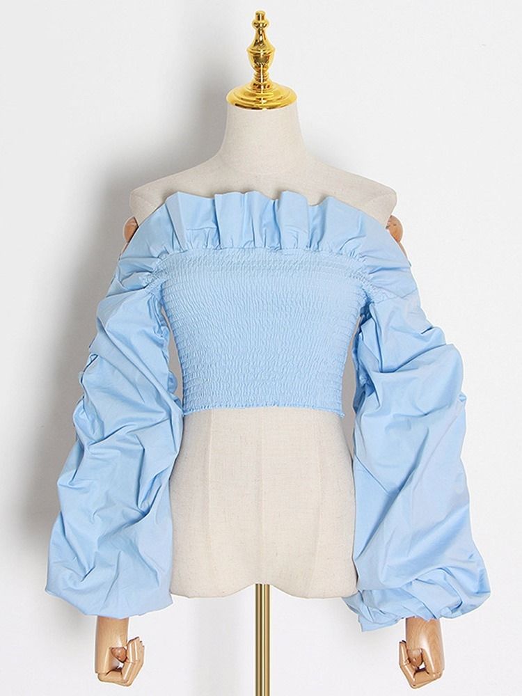 Plain Off Shoulder Plisserad Kort Långärmad Blus