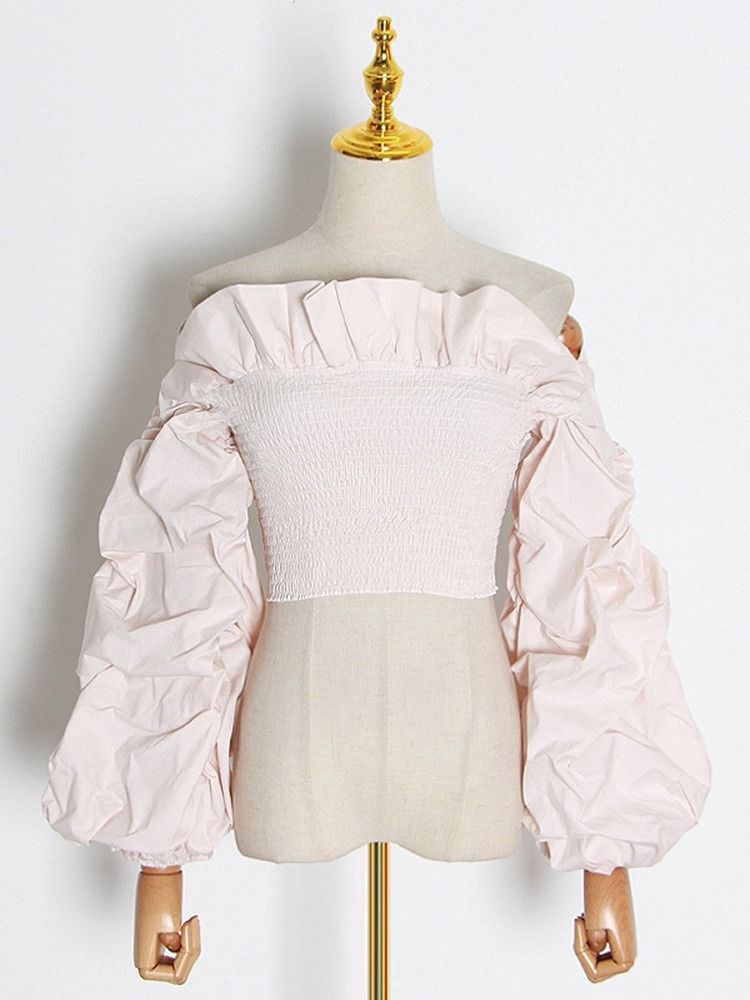 Plain Off Shoulder Plisserad Kort Långärmad Blus