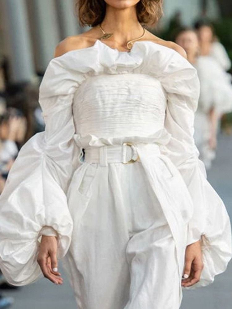 Plain Off Shoulder Plisserad Kort Långärmad Blus