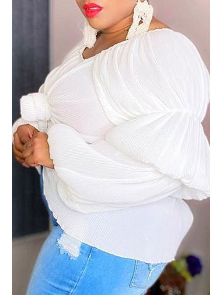Plus Size Plisserad Vanlig Standard Långärmad Blus