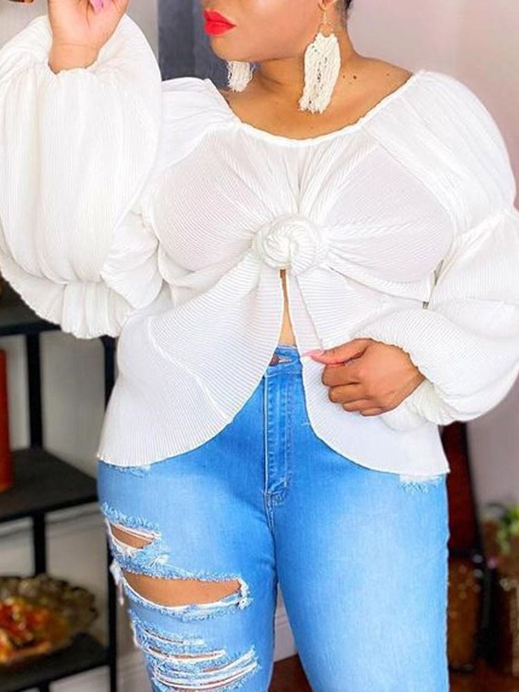Plus Size Plisserad Vanlig Standard Långärmad Blus