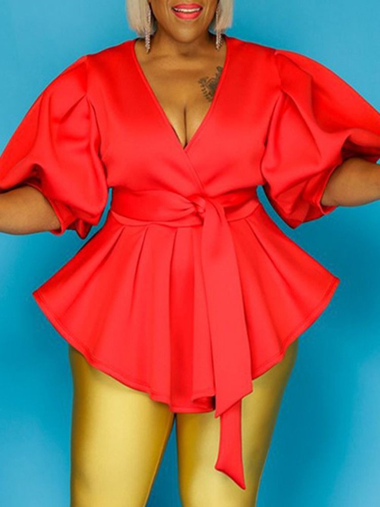 Plus Size V-Hals Med Snörning Vanlig Trekvartsärm Mellanlång Blus