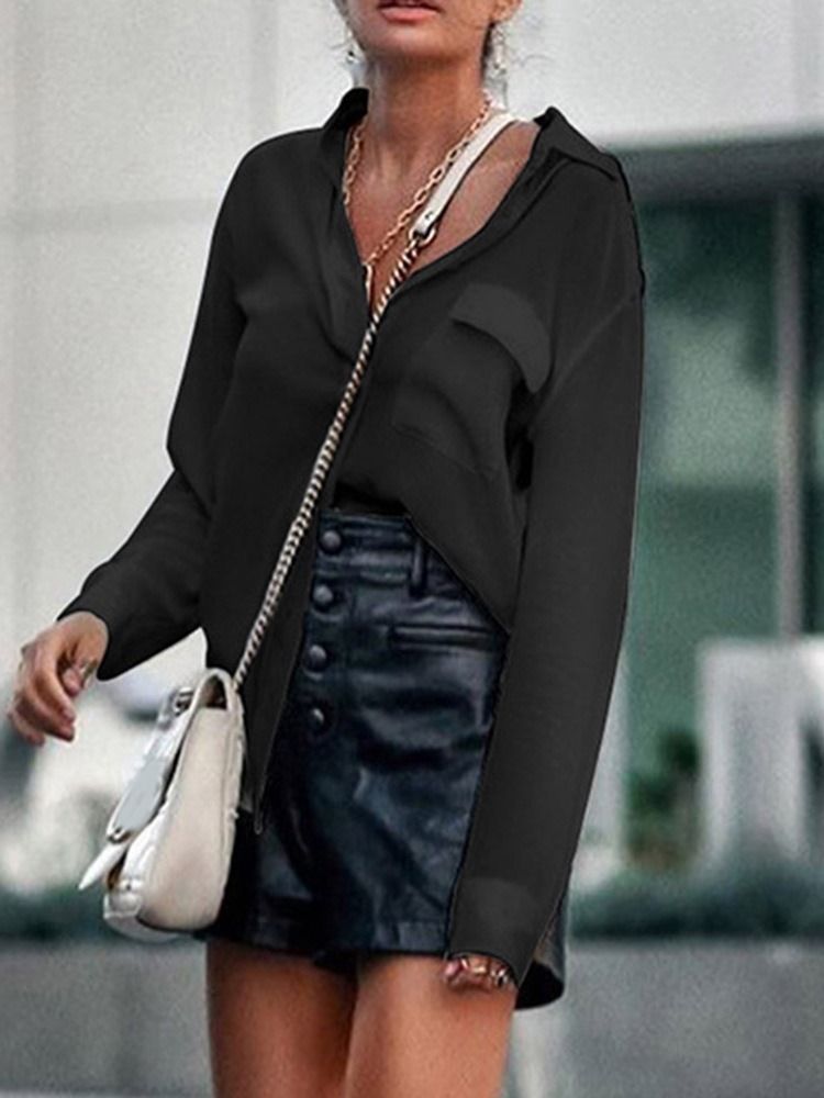 Pocket Lapel Enkel Långärmad Mellanlång Blus