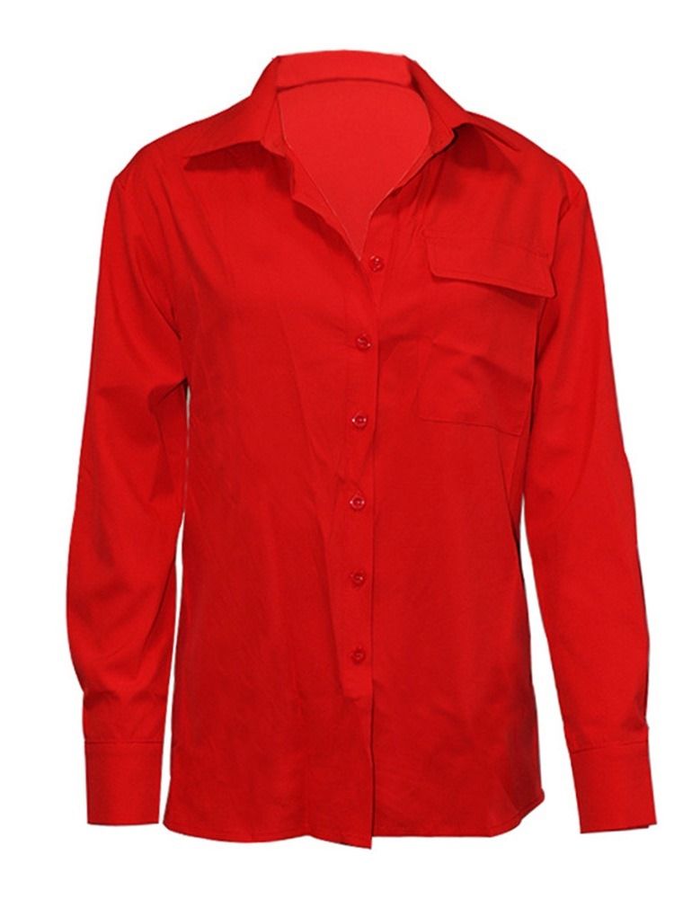 Pocket Lapel Enkel Långärmad Mellanlång Blus