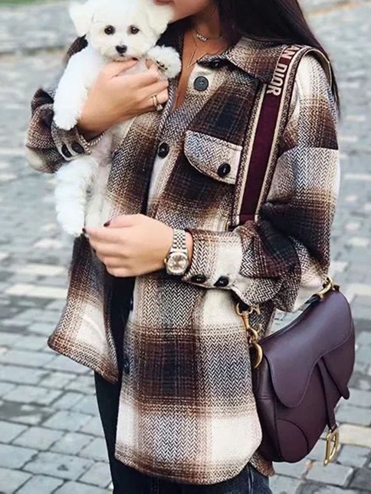Pocket Lapel Pläd Långärmad Mellanlång Blus