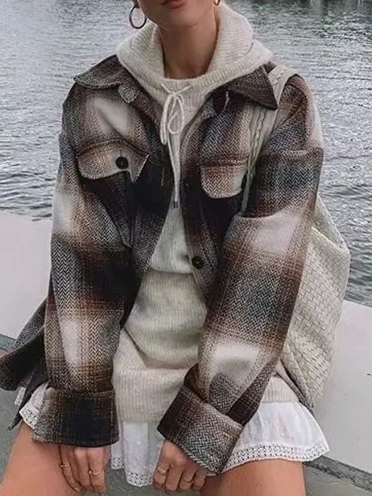 Pocket Lapel Pläd Långärmad Mellanlång Blus