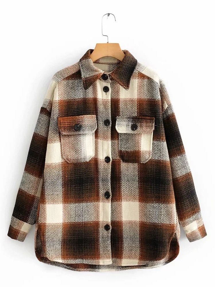 Pocket Lapel Pläd Långärmad Mellanlång Blus