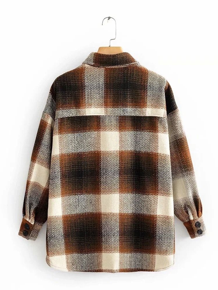 Pocket Lapel Pläd Långärmad Mellanlång Blus