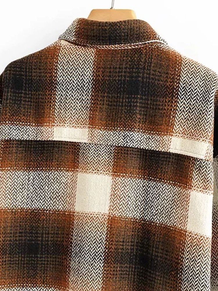 Pocket Lapel Pläd Långärmad Mellanlång Blus