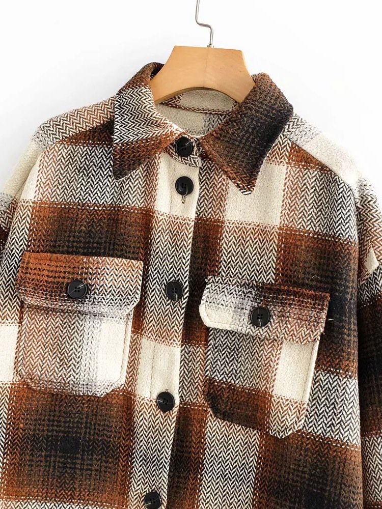 Pocket Lapel Pläd Långärmad Mellanlång Blus