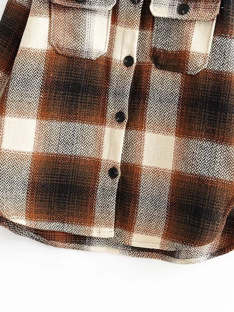 Pocket Lapel Pläd Långärmad Mellanlång Blus
